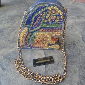 Vintage Mary Frances Gold & Blue Beaded Ornate Embellished Rabbit Box Purse
